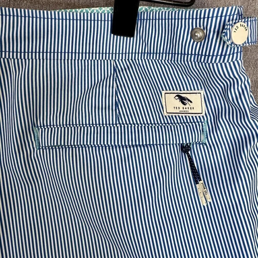 Ted Baker Blue White Strip Lobster Logo Snap Front Swim Shorts Size 2XL / 6